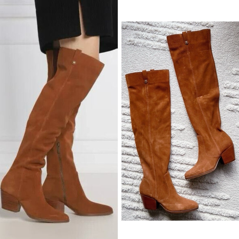 Michael Kors Harlow OTK Over The Knee Boots Brown Suede Cuban Heel Side Zip US 8